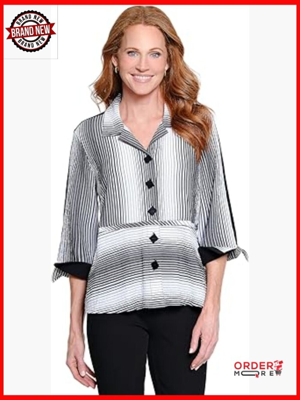 Textured Knit Button Front Tunic Shirt Three Quarter Sleeves